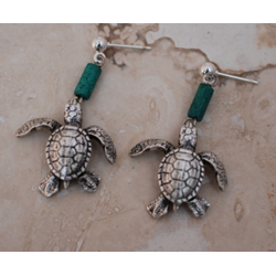 Antique Brass Hatchling Sea Turtle Earrings W/ Aegean Blue Greek Beads